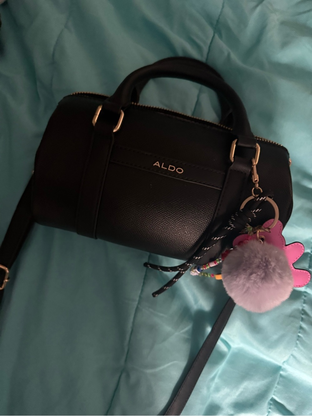 ALDO Black Satchel with Gold Hardware and Pom-Pom Charm